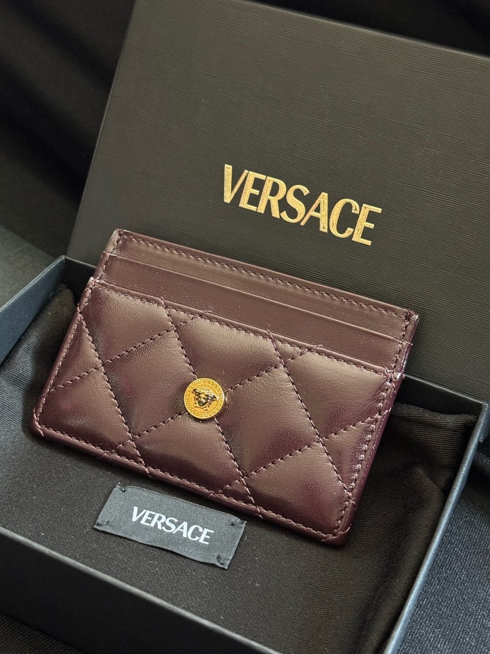 New Versace Quilted Burgundy Leather Card Holder with Gold Medallion Medusa